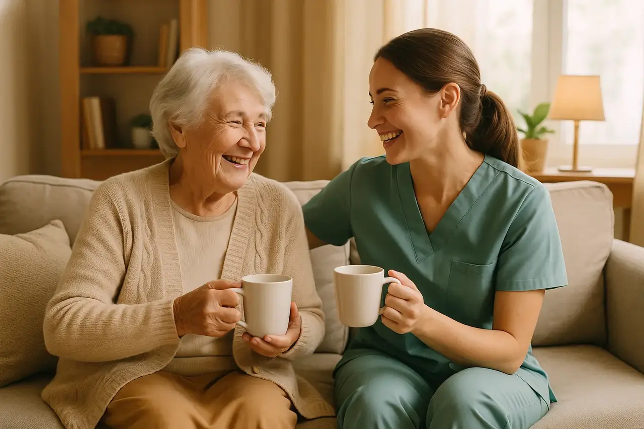 Pflegekraft und Seniorin trinken Kaffee auf der Couch