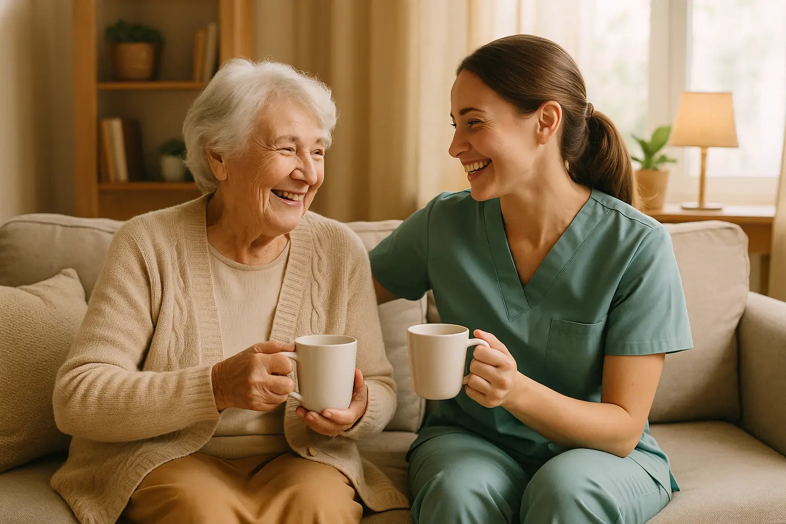 Pflegekraft und Seniorin trinken Kaffee auf der Couch